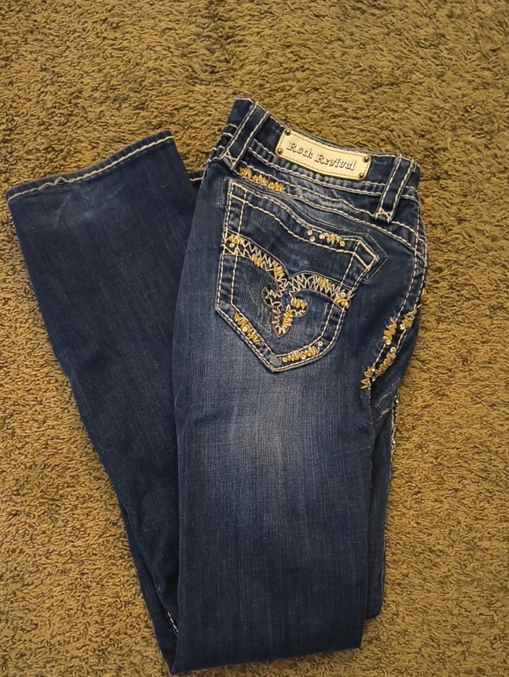 Rock Revival Women's Dark Blue Bootcut Jeans with Gold Embroidery